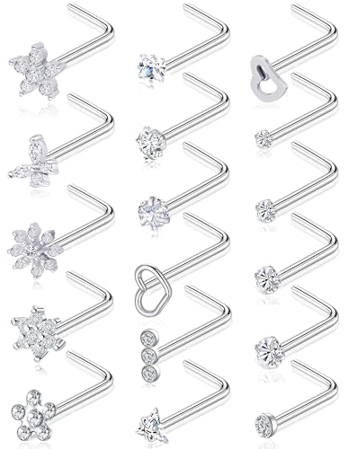 17Pcs Nose Rings Studs 20G Surgical Stainless Steel L Corkscrew Bone Shaped Nose Studs Butterfly Flower Heart Star Square Round CZ Nostril Piercing Jewelry for Women Silver Plated - style: A:L Shaped
