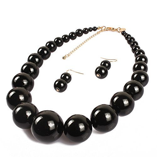 Large Style Big Imitate Pearl Strand Choker Necklace With Earrings Set - color: Black