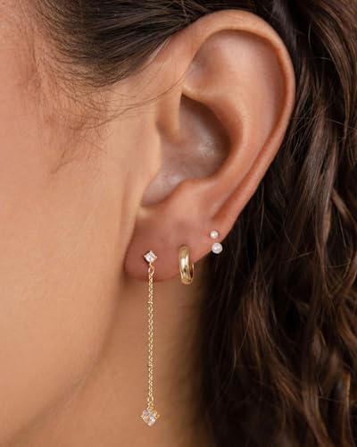 Pearl Earrings - 14K Gold/White Gold/Rose Gold Plated Cubic Zirconia CZ Diaomond Accented Pearl Drop Dangle Earrings for Women Wedding Bridal Prom - color: Ear Jacket earings set