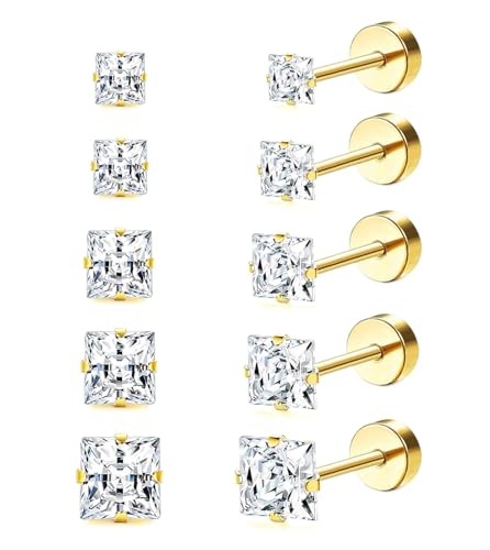 20G Hypoallergenic Surgical Steel Square Pearl Ball CZ Flat Back Stud Earrings for Sensitive Ear, Lightweight Shiny Earrings Studs for Helix Tragus Cartilage Multiple Piercing - color: Gold-B