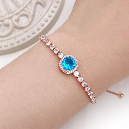 Sparkling CZ Tennis Bracelets for Women, Birthstone Slider Bolo Bracelets Trendy Birthday Valentine's Day Jewelry for Women Lady - color: Light Blue