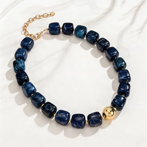 Colorful Statement Chunky Beaded Necklace for Women Trendy Y2K Boho Choker | Large Square Resin Beads Bold Summer Vacation Jewelry - color: Blue