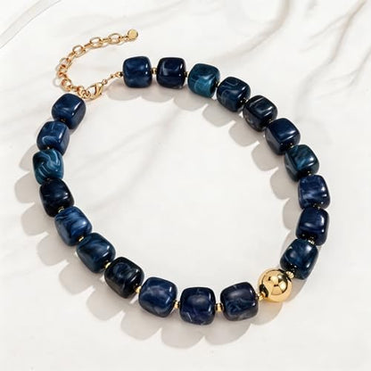 Colorful Statement Chunky Beaded Necklace for Women Trendy Y2K Boho Choker | Large Square Resin Beads Bold Summer Vacation Jewelry - color: Blue