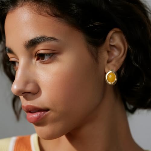 Jean Beau Chunky Gold Stone Stud Earrings for Women, Trendy Natural Gemstone Hypoallergenic Earing Valentine Jewelry Gift - color: Canary Yellow