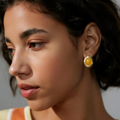 Jean Beau Chunky Gold Stone Stud Earrings for Women, Trendy Natural Gemstone Hypoallergenic Earing Valentine Jewelry Gift - color: Canary Yellow