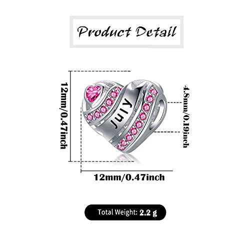 COMORE Birthstone Heart Charms for Charms Bracelet-925 Sterling Silver Love Heart Bead Charms for Bracelets and Necklaces, Birthday Gifts for Women. - style: July