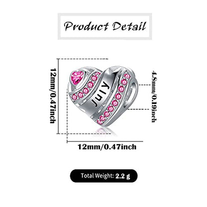 COMORE Birthstone Heart Charms for Charms Bracelet-925 Sterling Silver Love Heart Bead Charms for Bracelets and Necklaces, Birthday Gifts for Women. - style: July