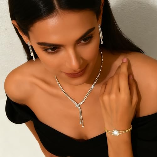 4 Pieces Cubic Zirconia Wedding Jewelry Sets for Bride Rhinestone Bridal Jewelry Set Necklace Bracelet Earring Ring for Brides Bridesmaid for Wedding Party - color: 4 PCS-Gold