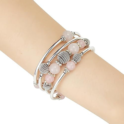 PEARL&CLUB Beaded Chakra Bangle Turquoise Bracelet - Fashion Jewelry Wrap Bracelet with Thick Silver Metal and Mala Beads, Birthday Gifts For Women - color: Pink crystal