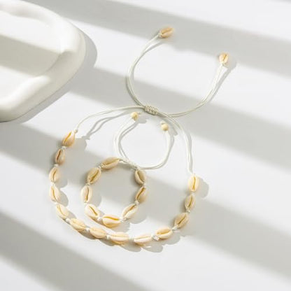 Starain 2Pcs Shell Necklace Anklet for Women Handmade Adjustable Puka Beach Shell Necklace Set - color: B-White