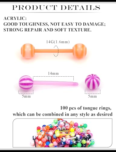 14G 100Pcs Colorful Ball Surgical Steel and Bioflex Flexible Acrylic Nipple Tongue Rings Piercing Jewelry 14 Gauge Straight Barbell Tongue Nipple Ring Piercing Jewelry Retainer For Women Men - size: 14G-14MM Acrylic Bar