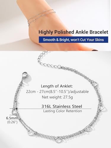 PROSTEEL Ankle Bracelets for Women, Silver/Gold/Black, Waterproof Anklets | Waterproof, Stainless Steel, Summer Beach Jewelry, Durable & No Tarnish, Come with Gift Box, 8-10.5" Adjustable, Plus Size - color: I: Silver-6 Heart Layered