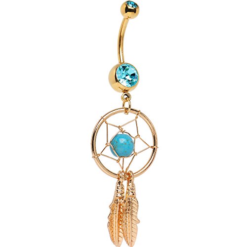 14G Gold IP Surgical Steel Belly Ring Dream Catcher Feathers Dangle Belly Button Ring for Women Belly Piercing Jewelry 7/16" 11mm - style: Light Blue Cz Jewels