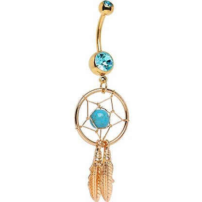 14G Gold IP Surgical Steel Belly Ring Dream Catcher Feathers Dangle Belly Button Ring for Women Belly Piercing Jewelry 7/16" 11mm - style: Light Blue Cz Jewels