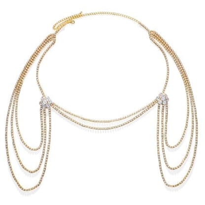 Rhinestone Tassel Wedding Backdrop Chain - Crystal Flower Shoulder Chain Necklace - Bridal Multi-Layered Body Chain Jewelry for Women - color: Gold