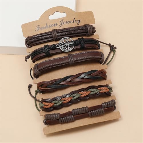 Leather Cuff Bracelet for Men Women, Multilayer Braided Wristband, Adjustable 6.5-9.5 Inches Wrap Bracelets Punk Gothic Grunge - color: Life Tree - 6Pcs