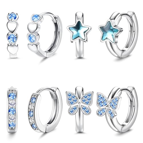 YADOCA Hypoallergenic Hoop Earrings For Girls Women Kids Toddler Earrings | Cute Small Huggie Hoop Earring Set Colorful Blue Pink CZ Cartilage Earring 10mm 4 Pairs Butterfly Star Wear While Sleeping - color: Blue