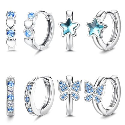 YADOCA Hypoallergenic Hoop Earrings For Girls Women Kids Toddler Earrings | Cute Small Huggie Hoop Earring Set Colorful Blue Pink CZ Cartilage Earring 10mm 4 Pairs Butterfly Star Wear While Sleeping - color: Blue