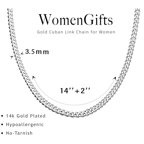 WomenGifts Cuban Link Chain Necklace for Women, Waterproof 14k Gold Silver Plated Chain Choker, Non Tarnish Stainless Steel Jewelry, 3.5/5/6/8/11mm,14/16/18 Inch Thin&Chunky&Thick - color: Silver, style: 3.5MM-14"