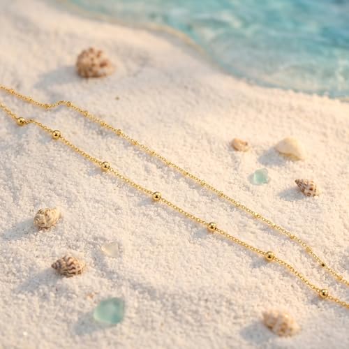 Gold Anklets for Women -14K Gold Plated 2-Strand Layered Ankle Bracelet Waterproof Tarnish Resistant Hypoallergenic Adjustable 8"+2.5" Minimalist Beach Jewelry Gift - style: Stack Anklet 01-GD
