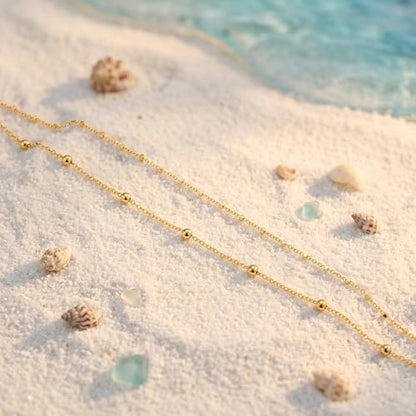 Gold Anklets for Women -14K Gold Plated 2-Strand Layered Ankle Bracelet Waterproof Tarnish Resistant Hypoallergenic Adjustable 8"+2.5" Minimalist Beach Jewelry Gift - style: Stack Anklet 01-GD