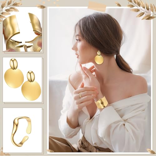 Misdary 3 Pcs Jewelry Gifts Set Bracelets Earrings Ring Cuff Bangle for Women Wedding Birthday Gifts - color: Gold, style: Frosted