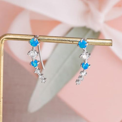 CiNily Star Opal Ear Cuffs Climber Earrings, 14K Gold CZ Ear Crawler Earrings for Women Small Cartilage Stud Earrings Fashion Hypoallergenic Jewelry Christmas Day Gifts, White Gold, Rose Gold - color: Silver-Blue Opal, size: Round Opal