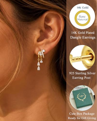 Dangle Gold Earrings for Women Trendy Triple Huggie Chain Earrings 14K Gold Plated Statement Cute Drop Dangle Earrings Dainty Hypoallergenic Chunky Hoop Earrings Fun Earring Stacks Jewelry - color: D-Tear Drop Earrings