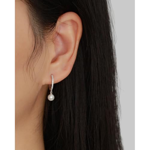 Solid 925 Sterling Silver Faux Pearl Dangle Hoop Earrings for Women, Dainty Drop Huggie Earrings with Charm Jewelry Gift for Her - color: Silver