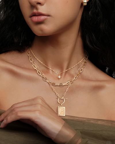 MJartoria Layered Initial Necklaces for Women | 14K Gold Plated Brass, Star Choker, Square Letter Pendant, Paperclip Chain - color: Gold, style: P