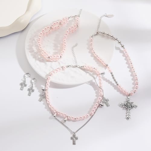 Bocar Gothic Cross Layered Pearl Necklace Chunky Statement Stacked Necklace Y2K Silver Layered Necklace for Women (NK-10769) - color: Pink