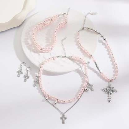 Bocar Gothic Cross Layered Pearl Necklace Chunky Statement Stacked Necklace Y2K Silver Layered Necklace for Women (NK-10769) - color: Pink