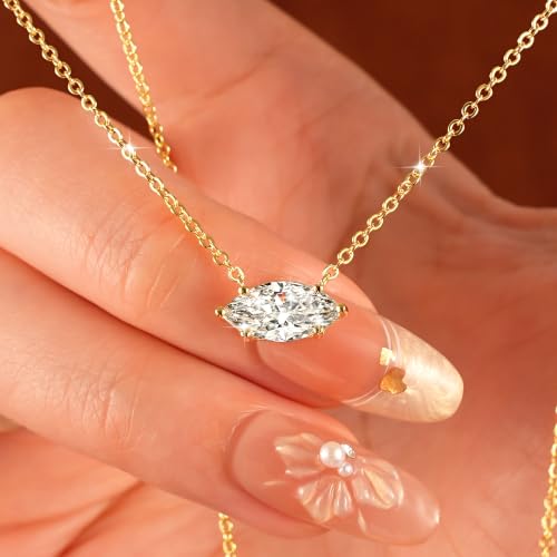 2CT Marquise Moissanite Pendant Necklace for Women | 6x12mm D Color Marquise Cut Moissanite, 14K Gold Plated Dainty Pendant Luxury for Wife Mom Birthday Gifts - color: Gold