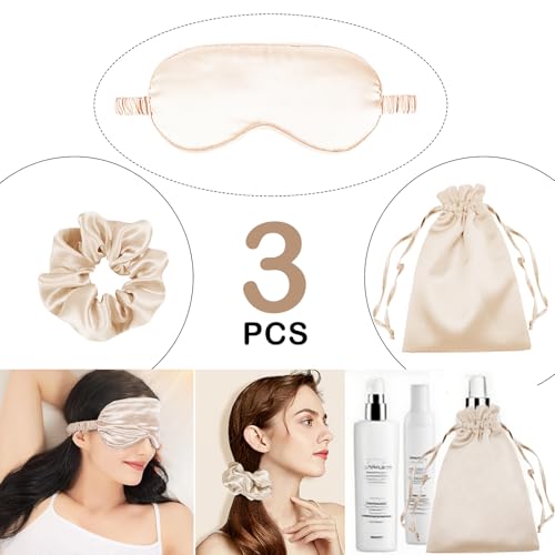 3Pcs Satin Eye Mask Silk Sleep Masks Set Silky Blindfold Eyeshade Blackout Eyes Cover Pouches Bag Scrunchy Wedding Gift- Color Champagne - color: Champagne