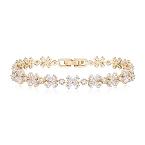 Crysdue Marquise Teardrop Cubic Zirconia Wedding Bridal & Prom Tennis Bracelets for Brides Bridesmaids, Silver/Gold/Rose Gold Plated Bracelet Gifts for Women - style: D_Gold 7.3"