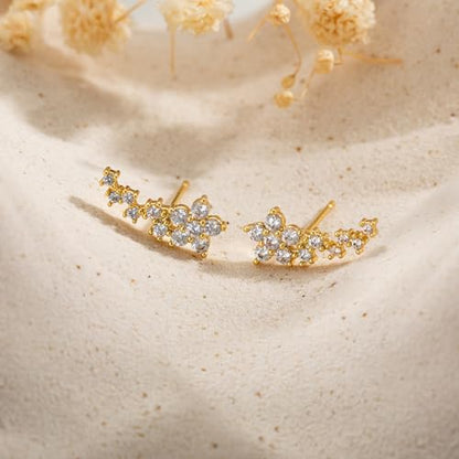 Robaice Cartilage Climber Earrings for Women，14K Gold Plated Helix Stud | Trendy Cluster Earrings, CZ Stud Earring, Tragus Conch Daith Piercing, Ear Crawer,Hypoallergenic Jewelry Gift for Women - color: D-Flower CZ