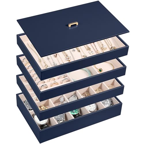 Voova Stackable Jewelry Organizer Tray with Lid (Set of 4, Dark Blue) | Stackable PU leather jewelry trays with drawer inserts for earrings, rings, necklaces, bracelets and watches; set of 4 - color: Navy Blue