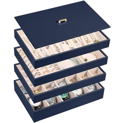 Voova Stackable Jewelry Organizer Tray with Lid (Set of 4, Dark Blue) | Stackable PU leather jewelry trays with drawer inserts for earrings, rings, necklaces, bracelets and watches; set of 4 - color: Navy Blue