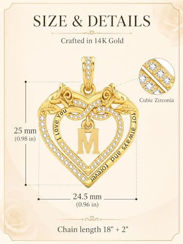 14K Gold Initial Letter Rose Heart Pendant Necklace for Women, Anniversary Birthday Jewelry Gifts for Wife Mom Grandma Sister Daughter, I Love You for Always And Forever - style: 14K Gold-M
