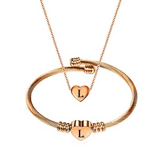 MYNENEY Necklace and Bracelet for Women Stainless Steel Initial Jewelry Set - color: Rose Gold-L