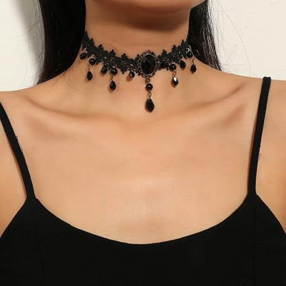 Fesciory Black Necklaces for Women, Adjustable Layered Velvet Leather Lace Collar Necklace, Goth Jewelry Gifts. - color: Black Crystal