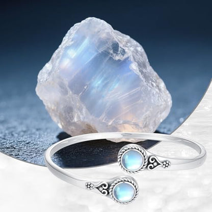 Moonstone Bangle Bracelet for Women 925 Sterling Silver 8MM Round Moonstone Cuff Bangle Ladies Jewelry Gifts