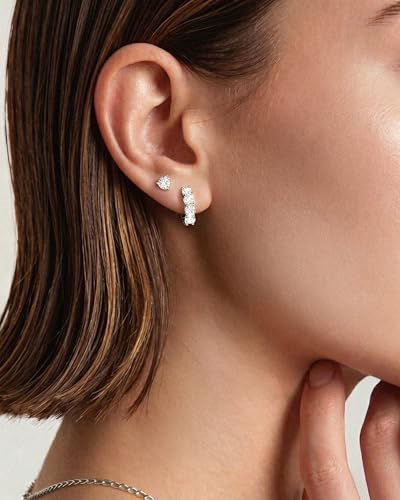 ASHINE 14k Gold Plated Huggie Earrings for Women, Small Hypoallergenic Stainless Steel Post Cuff Hoop Ear Ring Trendy Non Tarnish Cartilage Piercing Dainty Cubic Zirconia Jewelry - color: White Gold
