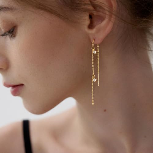 Chunky Hoop Huggie Dangle Tassel Pearl Bow Heart Charm Stud Cilp-on Earrings for Women, 14K Gold plated/Sterling Silver Plated CZ Large Jewelry Vintage Dainty Trendy Gift Daily Prom Party - style: 3CZ Tassel-GD