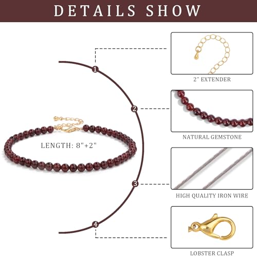 Natural Stone Beaded Anklets for Women, Handmade Boho Clear Quartz 4mm Crystal Beads Anklet, Gold Chain Adjustable Ankles Bracelet, Beach Summer Jewelry Gemstone Foot Bracelet Gift - color: Garnet