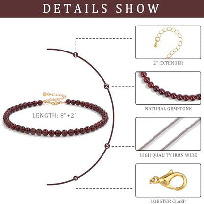 Natural Stone Beaded Anklets for Women, Handmade Boho Clear Quartz 4mm Crystal Beads Anklet, Gold Chain Adjustable Ankles Bracelet, Beach Summer Jewelry Gemstone Foot Bracelet Gift - color: Garnet