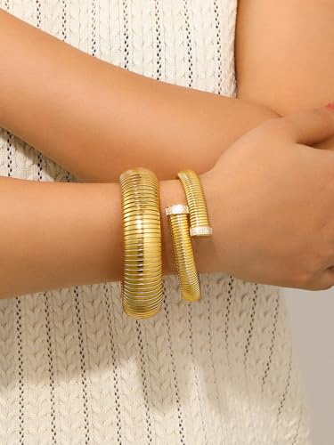 KeyStyle Bangle Bracelets For Women, Stainless Steel Stretch Bracelet Wide | 14K Gold/Rose Gold/Black/Silver Plated Flexible Wide Twisted Link Chain Wristband Jewelry, 10Mm, 16Mm, 20Mm - color: 10mm - CZ - Gold