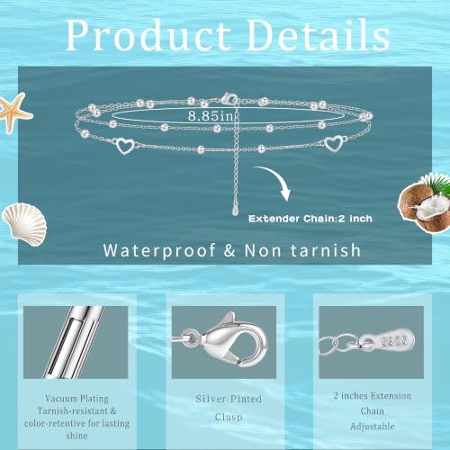 Sterling Silver Ankle Bracelets for Women 14k Gold Plated Waterproof Layered Stackable CZ Charm Non Tarnish Adjustable Anklet for Summer Beach Birthday Jewelry Gift - color: silver H
