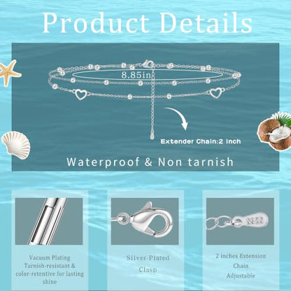 Sterling Silver Ankle Bracelets for Women 14k Gold Plated Waterproof Layered Stackable CZ Charm Non Tarnish Adjustable Anklet for Summer Beach Birthday Jewelry Gift - color: silver H