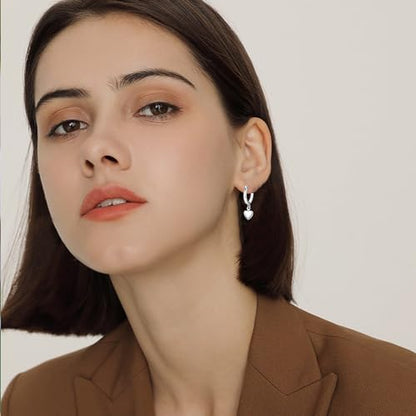 Charming Sterling Silver Heart Dangle Hoop Earrings - White Gold Plated, Huggie Style, Gift for Women